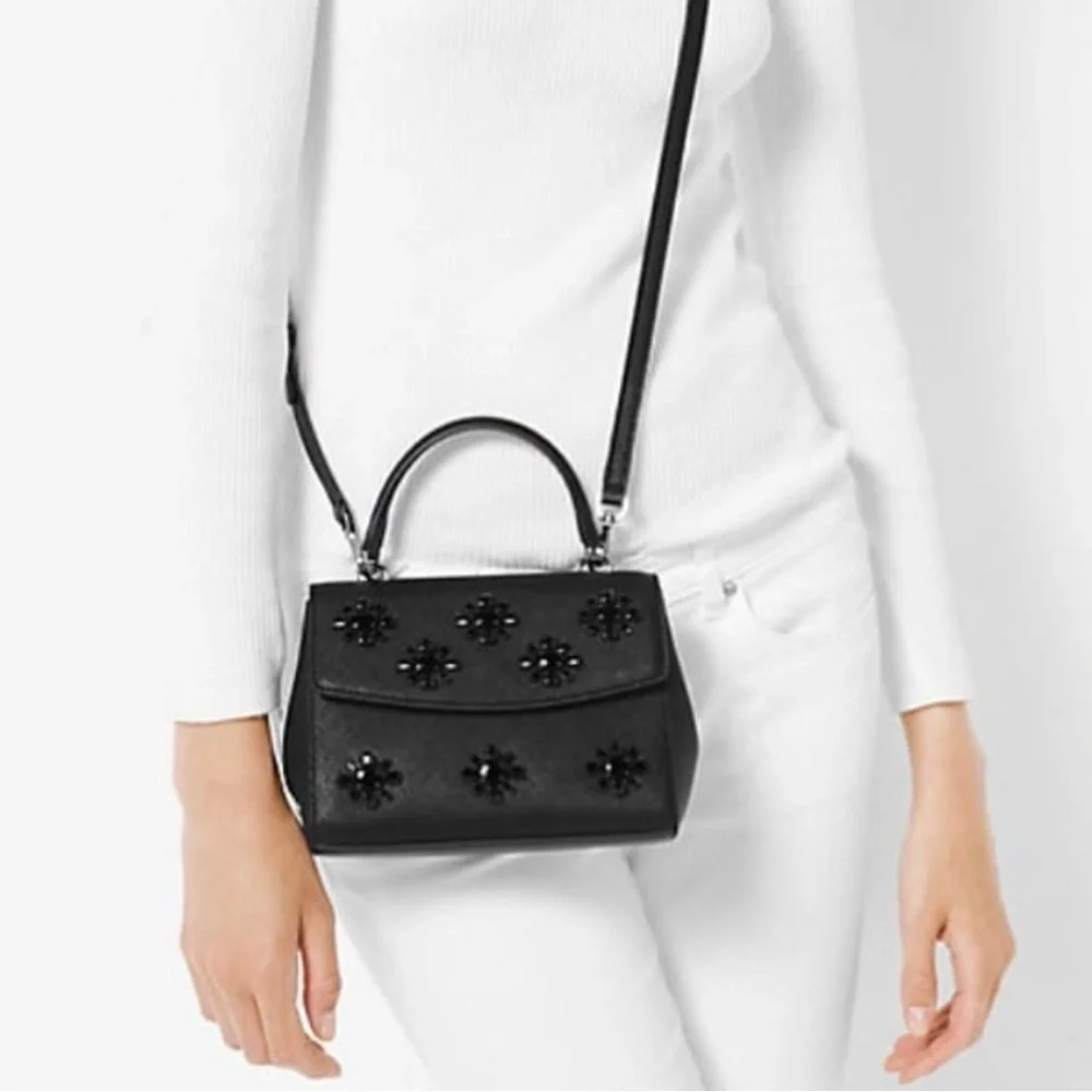 Michael Kors Black Mini Bag with Jeweled Floral Embellishments - Picture 9 of 10
